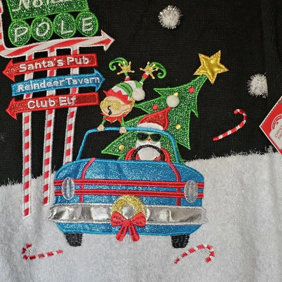 Women's North Pole,Santa's Pub, Club Elf Ugly Christmas Sweater Size XL (16_18) - Picture 9 of 11